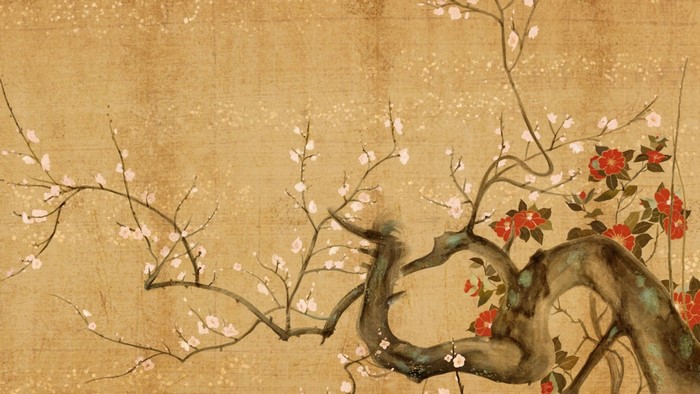 Painting of a tree with cherry blossoms and red flowers