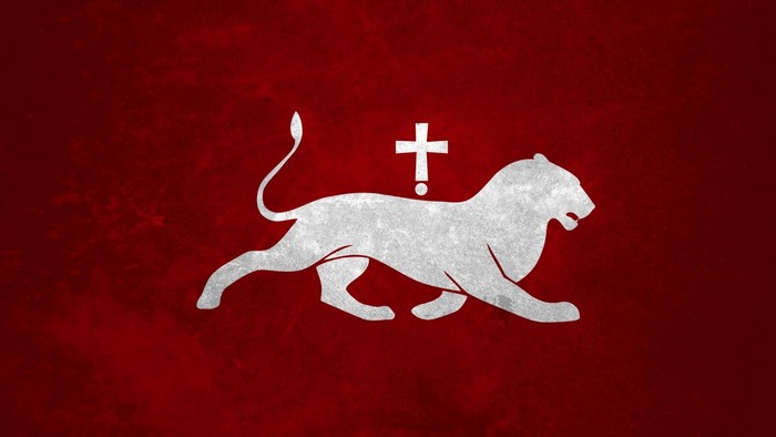 Lion and cross on red background