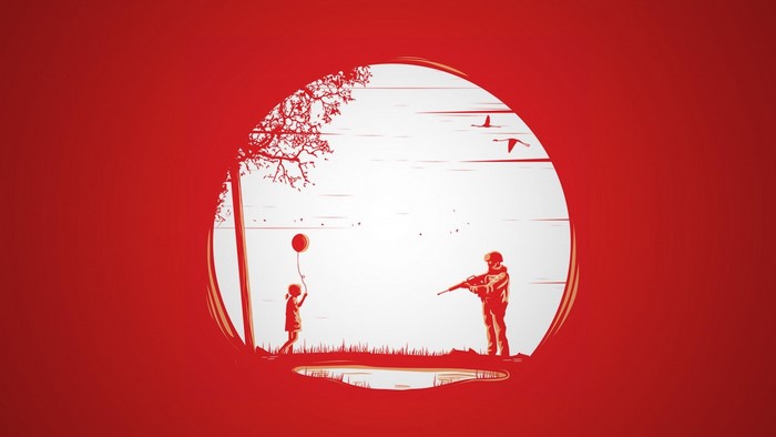 Soldier aims rifle at girl holding balloon