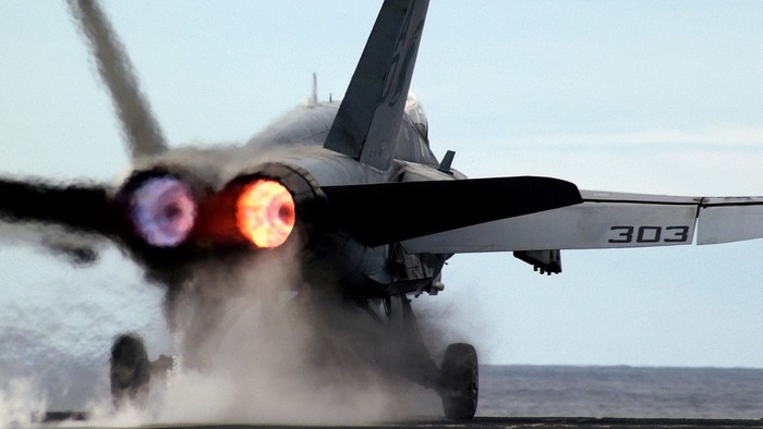 F/A-18 Hornet taking off from aircraft carrier