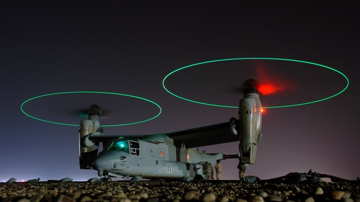 Boeing Bell V-22 Osprey military aircraft at night