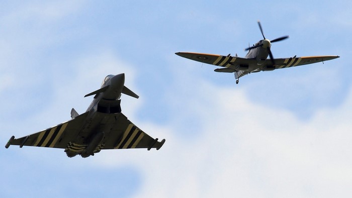 Eurofighter Typhoon and Supermarine Spitfire in flight