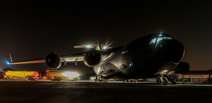 Boeing C-17 Globemaster III refueling at night