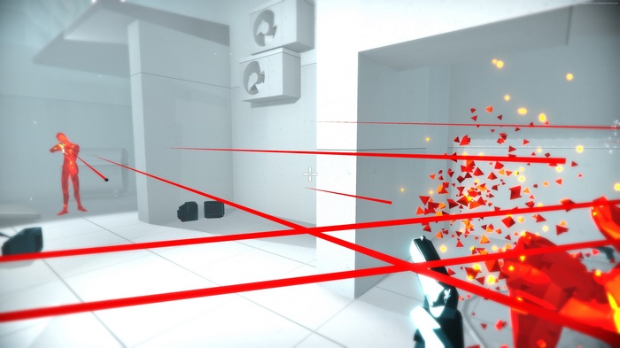Superhot VR gameplay with red lasers and explosions