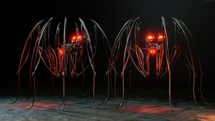 Two Sci-Fi Spider-like Robots with Red Eyes