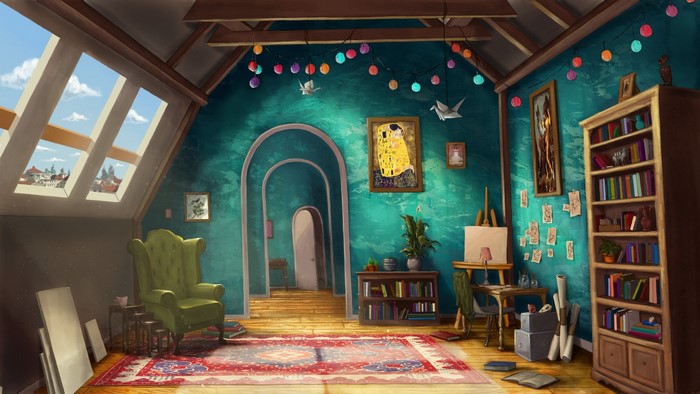Artist's attic studio with artwork and city view