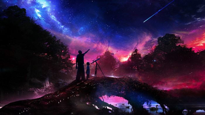 Father and son stargazing with a telescope under a nebula sky