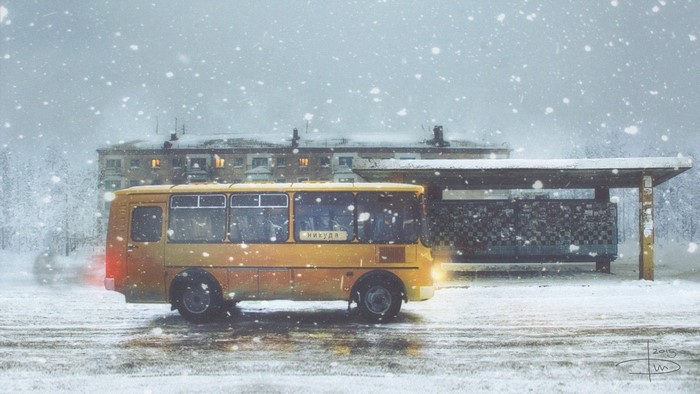 Yellow bus at a snowy bus stop in Russia