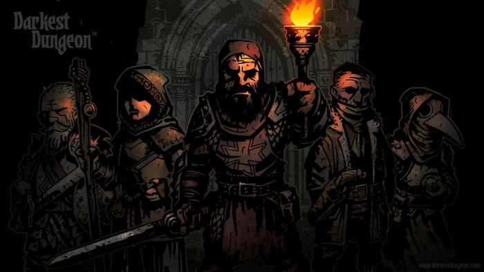 Darkest Dungeon characters holding a torch and weapons
