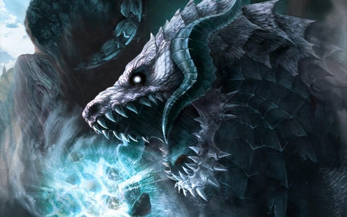 Dragon with glowing eyes and sharp teeth