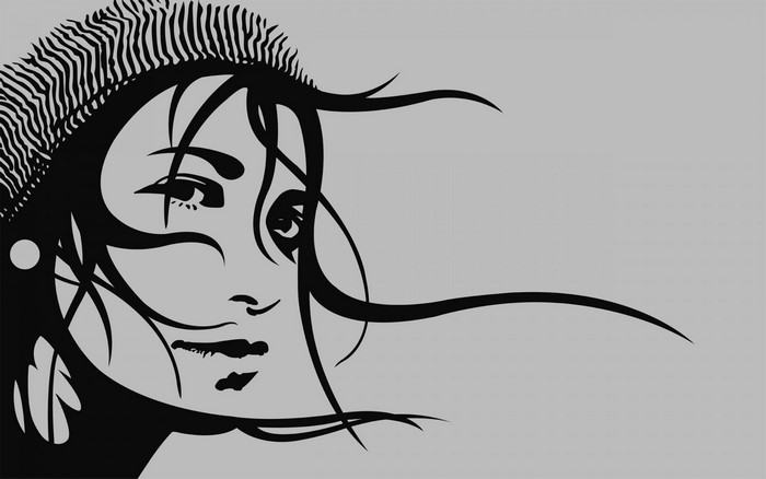 Monochrome illustration of a woman's face with windblown hair