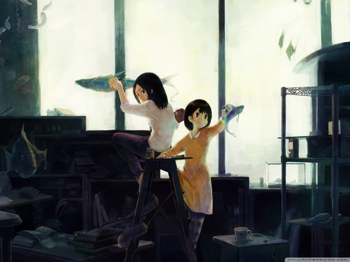 Two anime girls with fish in a room