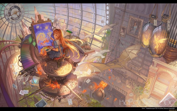Anime girl painting goldfish and fairies in a clockwork library