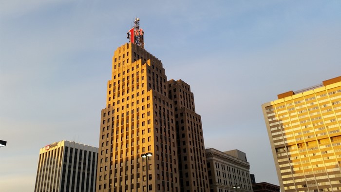 Downtown Minneapolis buildings at sunset