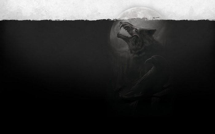 Wolf howling at the moon with a raven