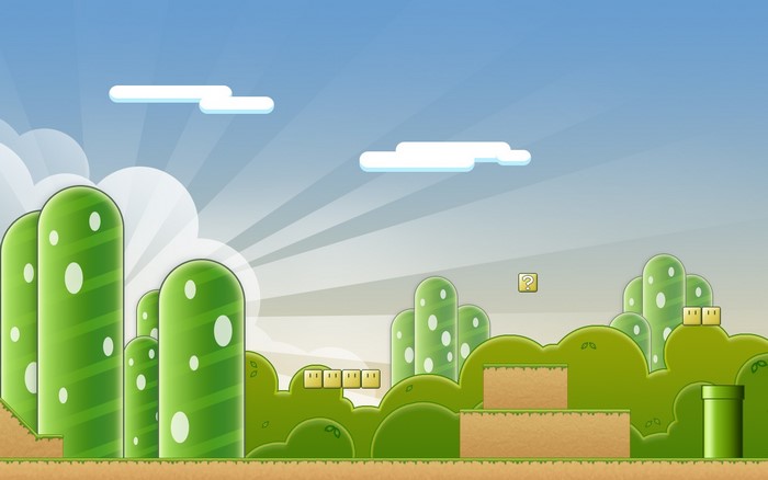 Super Mario Bros. landscape with question block and pipes