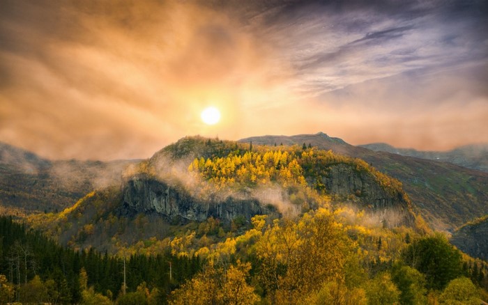 Sunlight over autumn forest on mountainside with mist