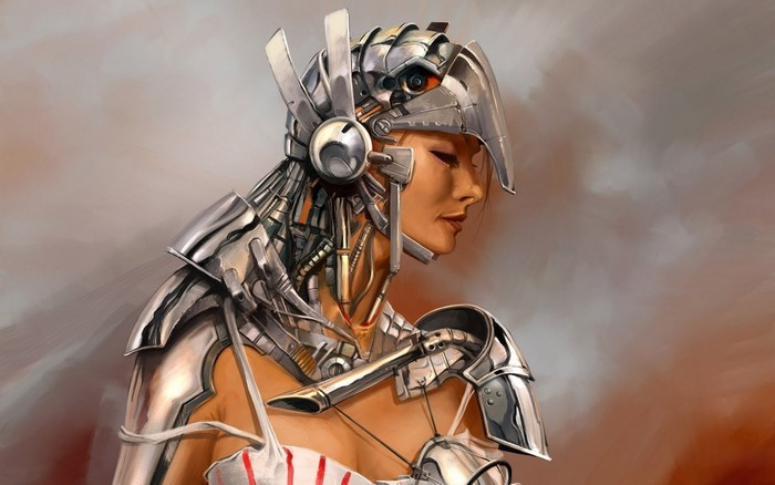 Woman in futuristic mechanical armor