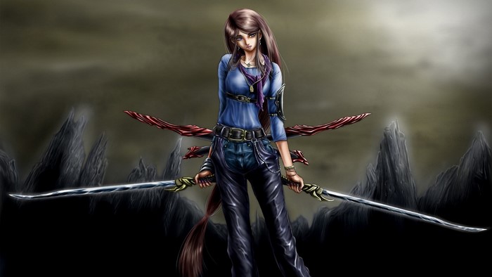 Fantasy art of a woman warrior with swords