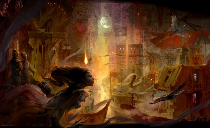 Fantasy painting of a city at night with a girl running