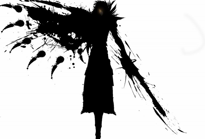 Silhouette of a creature with ink splatter wings and a sword