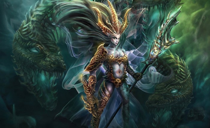 Fantasy art of a woman warrior with dragons