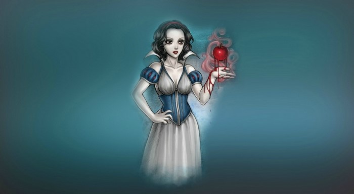 Snow White holding a bloody apple