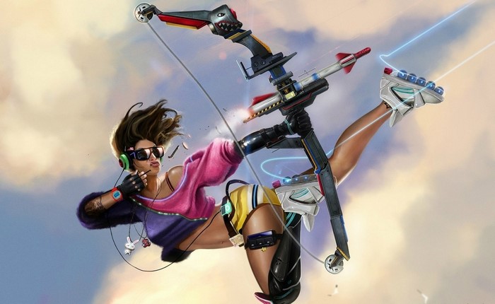 Woman with futuristic bow and roller skates in the sky