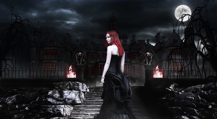 Gothic Vampire Woman Under Full Moon