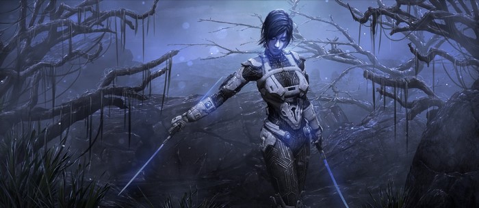 Woman in sci-fi armor with glowing swords in a dark forest