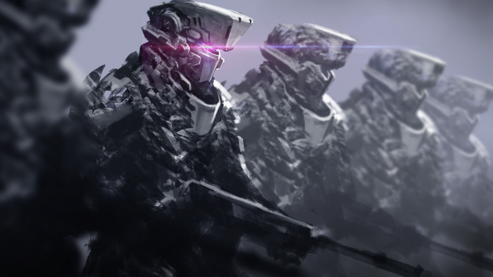 Futuristic soldiers with glowing eyes and rifles