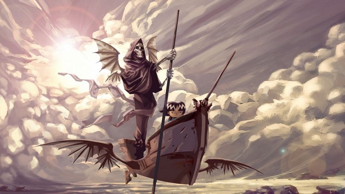 Grim Reaper and child in a boat with wings