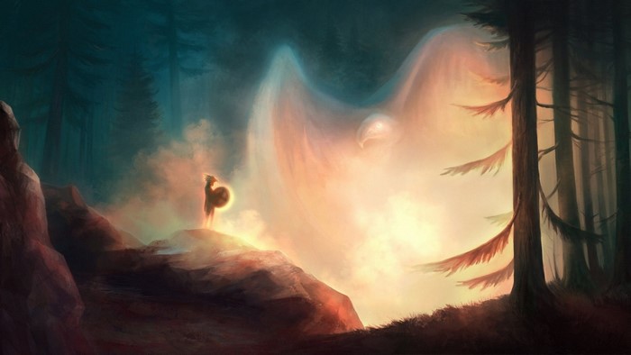 Fantasy forest with a wolf-like creature and an eagle spirit