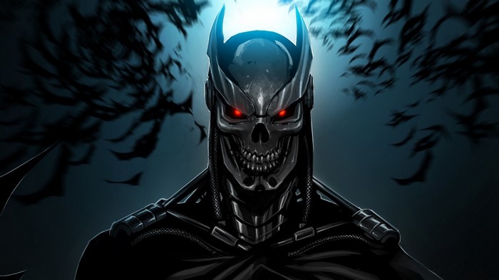 Terminator Batman with red eyes and bats
