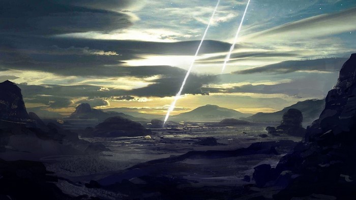 Fantasy landscape with light beams at sunset
