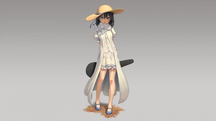 Anime girl with hat and white dress holding a case