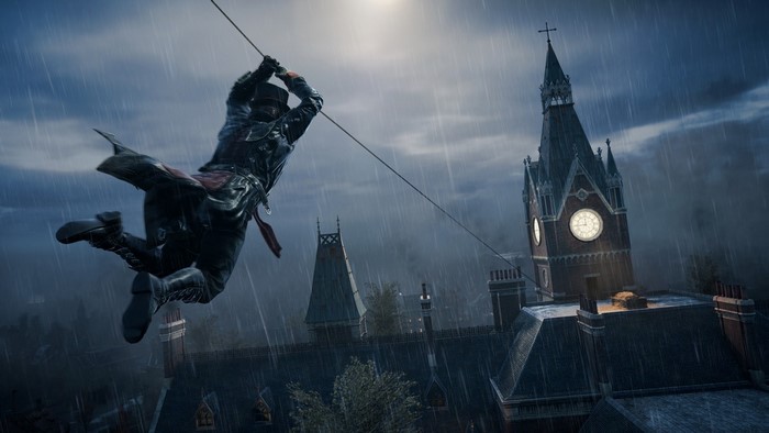 Assassin from Assassin's Creed Syndicate ziplining in rain