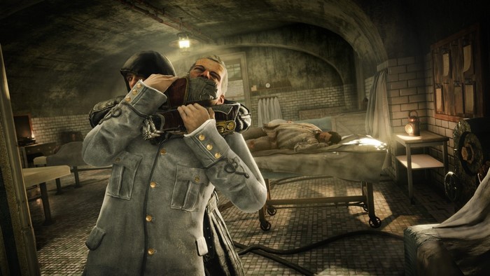 Assassin from Assassin's Creed Syndicate in a dark room