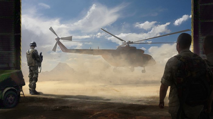 Soldiers watch a Mi-8 helicopter land in a dusty desert.