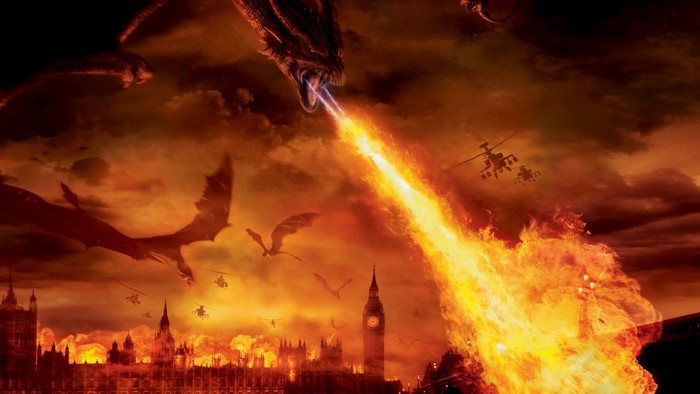 Dragons attacking London with fire and helicopters