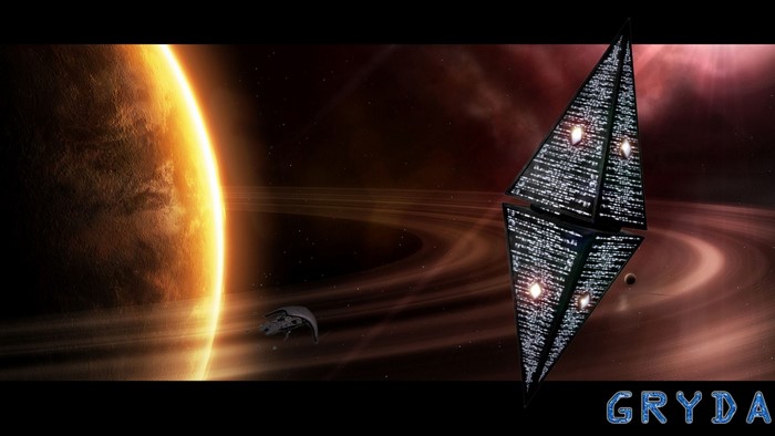 Space scene with planet, rings, spaceship, and space station