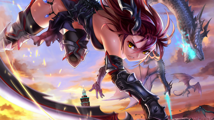 Anime girl with sword fighting dragons