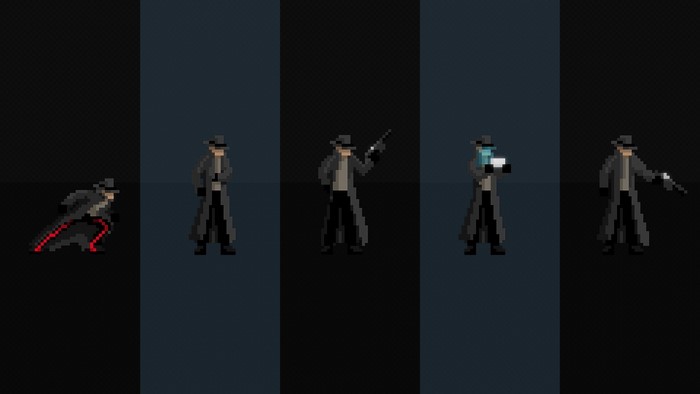 Man in trench coat and hat with gun