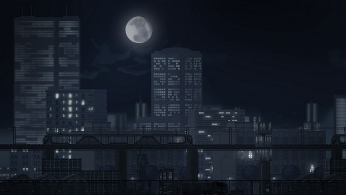 Gunpoint cityscape at night with moon