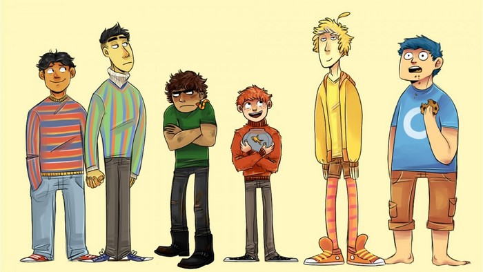 Six cartoon boys standing in a line