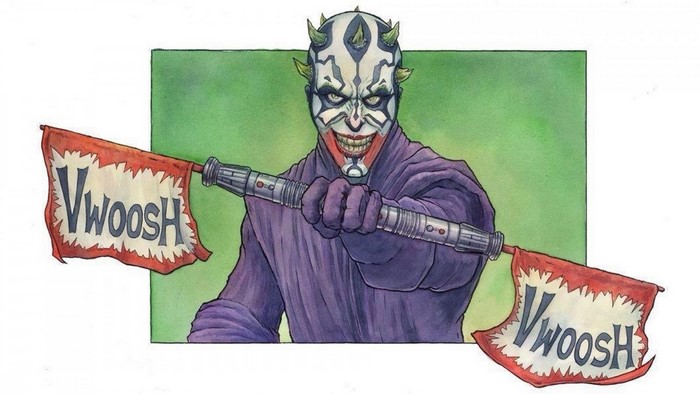 Darth Maul as Joker from Star Wars holding a lightsaber with flags