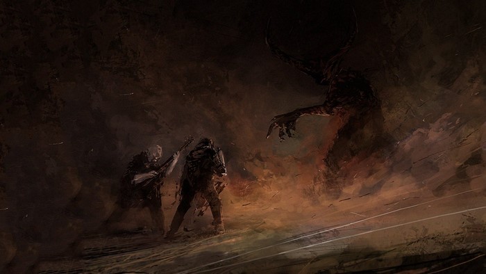 Two figures facing a demonic creature in a dark fantasy setting
