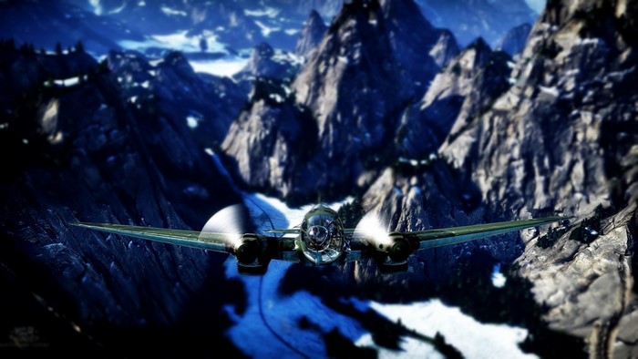 War Thunder airplane flying over mountains