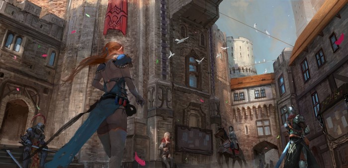 Fantasy street scene with elves and knights