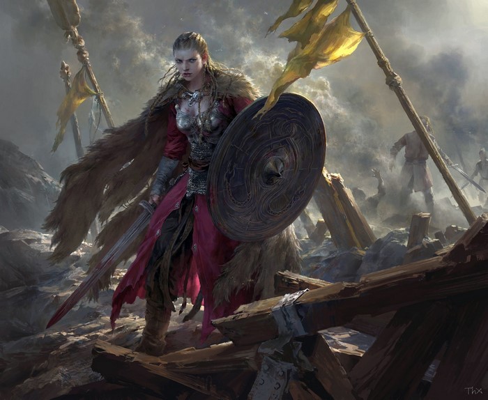 Fantasy woman warrior with sword and shield
